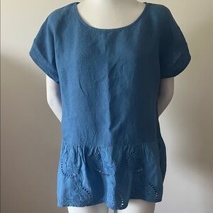 Terzo Millennio Women's 100% Linen Eyelet Trim Blue Blouse